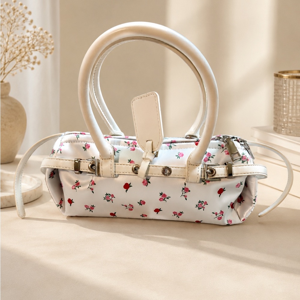 Floral Mini Barrel Handbag | White Rose Print
Top Handle Purse